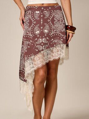 Brown & White Boho Women's Paisley Print Asymmetrical Lace Skirt